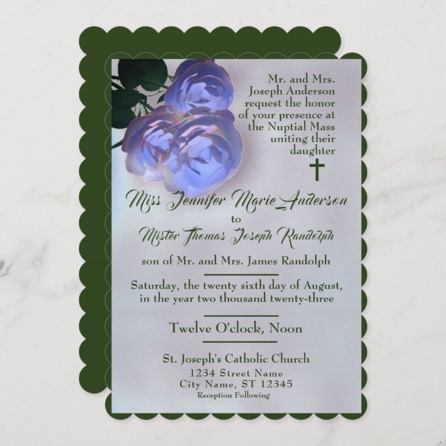 Catholic Misty Mauve and Green Wedding Invitation (Front/Back)