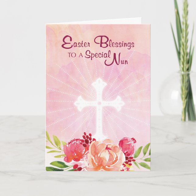Catholic Nun Easter Blessings, Pink Watercolor Card (Front)