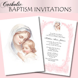Catholic  Pink Baptism Christening Mary Jesus Invitation