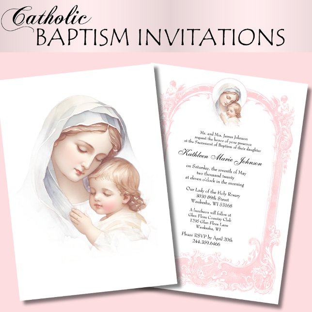 Catholic  Pink Baptism Christening Mary Jesus Invitation (Creator Uploaded)