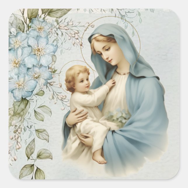 Catholic Religious Floral Jesus Virgin Mary  Square Sticker (Front)