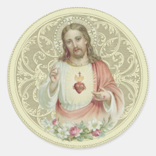Catholic Religious Sacred Heart Floral Jesus Classic Round Sticker