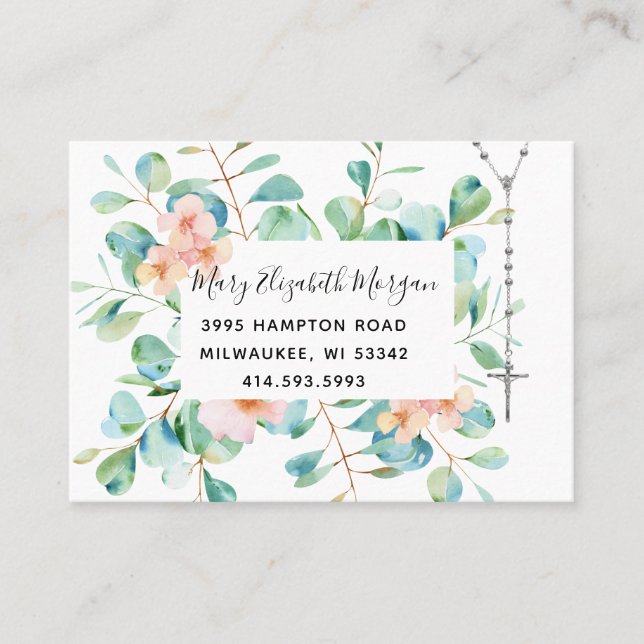 Catholic Rosary Eucalyptus Religious Floral Business Card (Front)