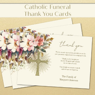 Catholic Rosary Floral Funeral Condolence Sympathy Thank You Card