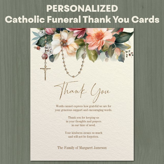 Catholic Rosary Floral Funeral Condolence Sympathy Thank You Card (Traditional Catholic Funeral Memorial Thank You Cards with Rosary & Floral Swag)
