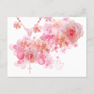 Catholic Rosary Pink Roses Religious Floral Postcard