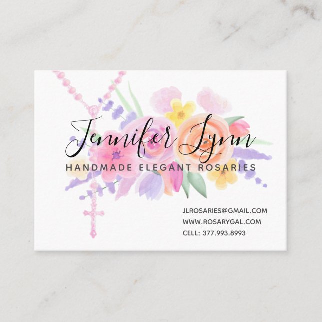Catholic Rosary Watercolor Religious Floral Business Card (Front)