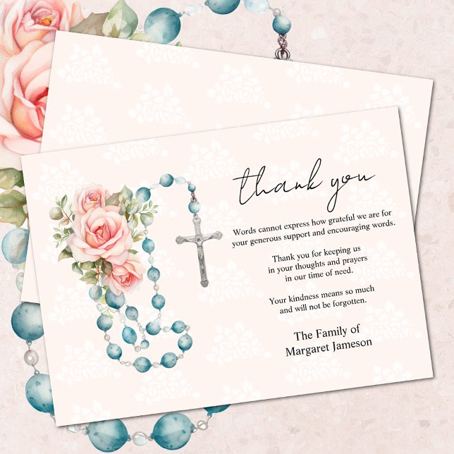 Catholic Roses Rosary Funeral Condolence Sympathy Thank You Card (Easy to personalize)