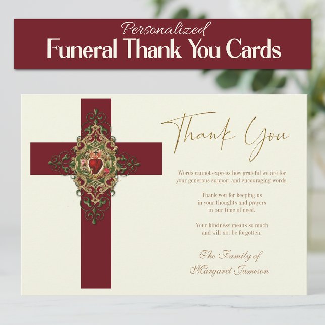 Catholic Sacred Heart Cross Funeral Memorial  Thank You Card (Traditional Catholic Sacred Heart of Jesus Funeral Thank you Condolence Cards)