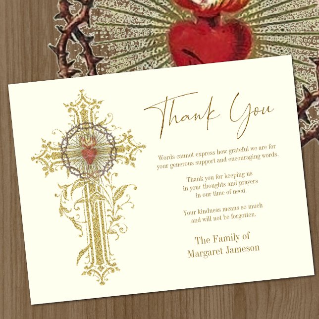 Catholic Sacred Heart Jesus Funeral Sympathy Thank You Card (Gold Cross with Sacred Heart of Jesus Overlay Funeral Thank you Card )