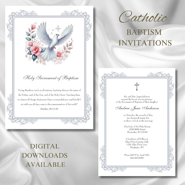  Catholic Silver Baptism Dove Pink Roses  Invitation (Creator Uploaded)