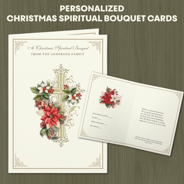 Catholic Spiritual Bouquet Prayer Rosary Holiday Card (Traditional Christmas Catholic Spiritual Bouquet Card With Gold Cross and Red Poinsettias )