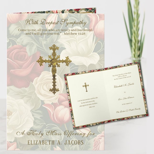 Catholic Sympathy Mass Offering Crucifix Roses Card (TRADITIONAL CATHOLIC SYMPATHY MASS OFFERING CARD WITH SCRIPTURE AND CRUCIFIX)