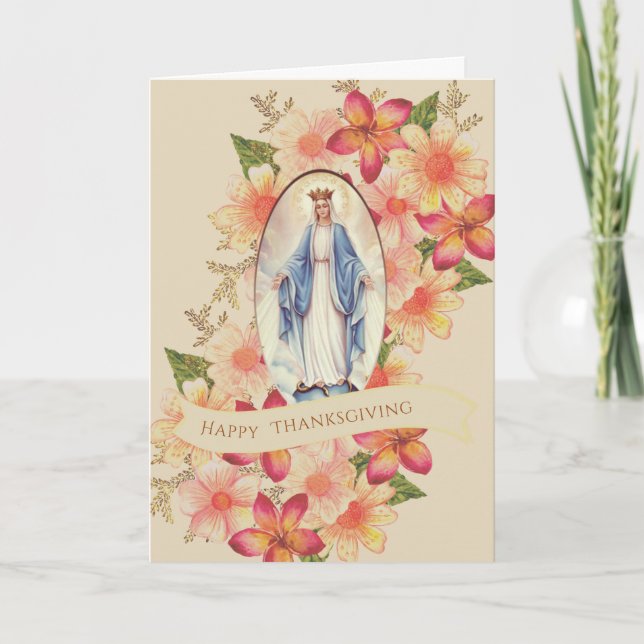 Catholic Thanksgiving Autumn Floral Virgin May Holiday Card (Front)
