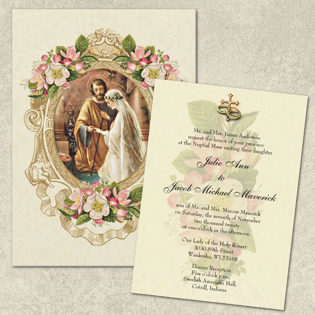 Catholic Traditional Bridal Wedding Invitation (Espousal/Betrothal of Mary and Joseph with Cherry Blossoms)