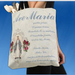 Catholic Virgin Mary Ave Maria in Latin Tote Bag<br><div class="desc">This is a beautiful custom designed traditional Catholic image of the Blessed Virgin Mary,  Our Lady of Grace with vintage roses and the Hail Mary in Latin. The background is a white lace design.
The back of the tote has  a larger image of the Blessed Mother.</div>
