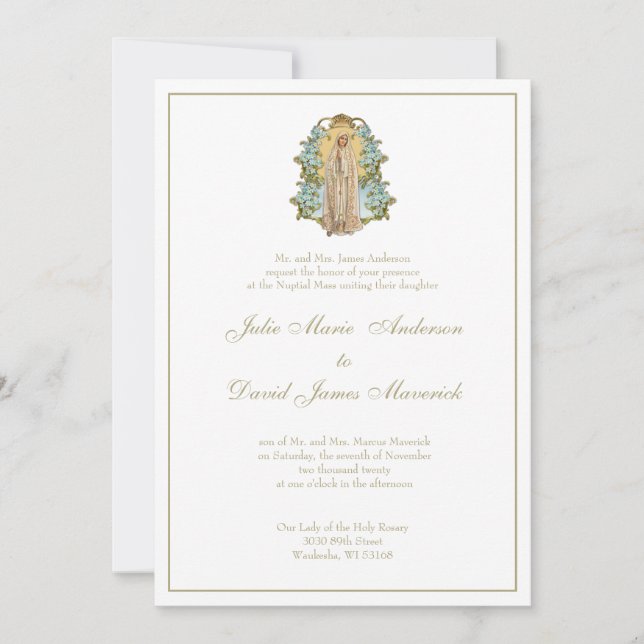 Catholic Virgin Mary Blue Floral Wedding Invitation (Front)