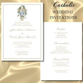 Catholic Virgin Mary Blue Flowers Wedding Invitation