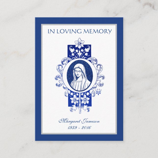 Catholic Virgin Mary Blue Funeral Sympathy Prayer  Place Card (Front)