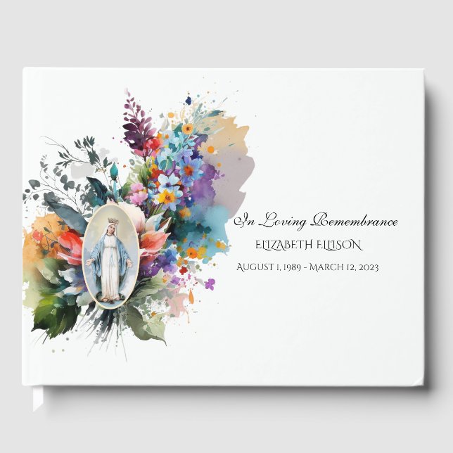 Catholic Virgin Mary Floral  Memorial Funeral Guest Book (Front)