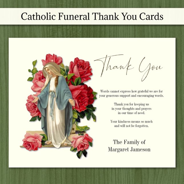 Catholic Virgin Mary Funeral Condolence Sympathy Thank You Card (Traditional Catholic Blessed Virgin Mary with red roses funeral sympathy thank you cards )