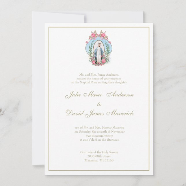 Catholic Virgin Mary Pink Roses Wedding Invitation (Front)