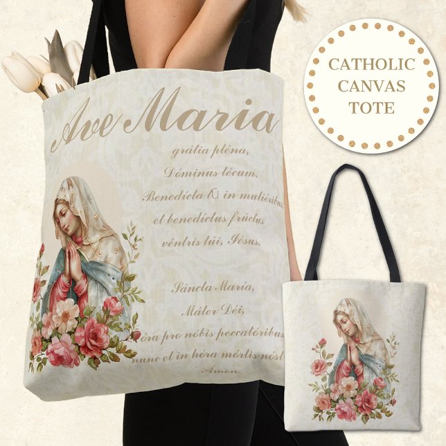 Catholic Virgin Mary Red Roses Floral Ave Maria Tote Bag (Creator Uploaded)