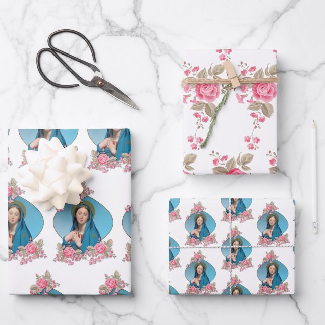 Catholic Virgin Mary Religious  Pink Roses Wrapping Paper Sheet (Front)
