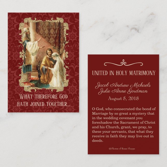 Catholic Wedding Favour Holy Card Damask Maroon (Front/Back)