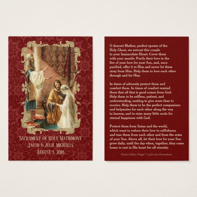 Catholic Wedding Favour Holy Card Damask Maroon (Front & Back)