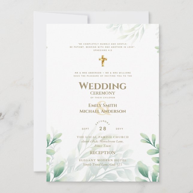 Catholic Wedding Invitation Greenery Botanical (Front)