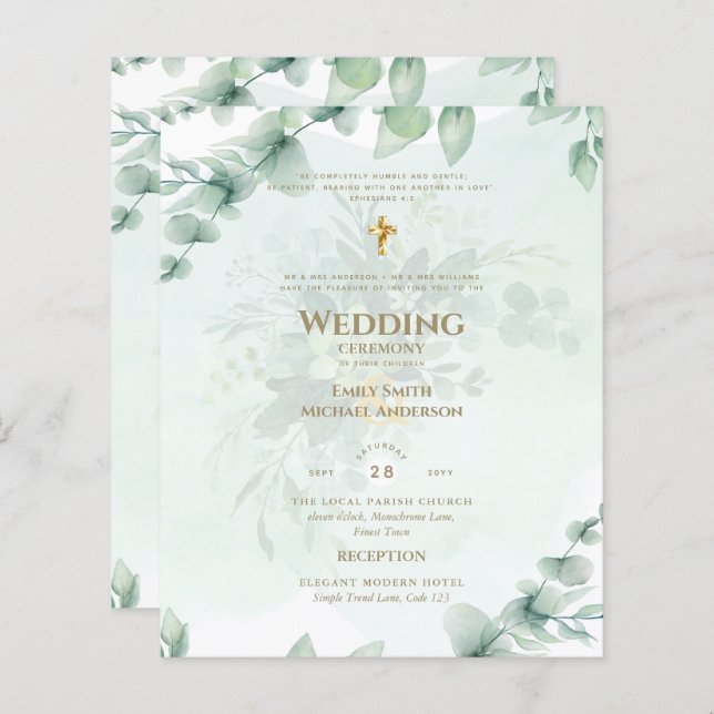 Catholic Wedding Invitation Greenery Botanical (Front/Back)
