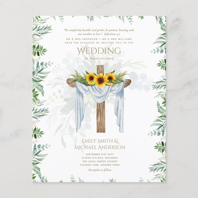 CATHOLIC Wedding Invitation Sunflowers Cross (Front)
