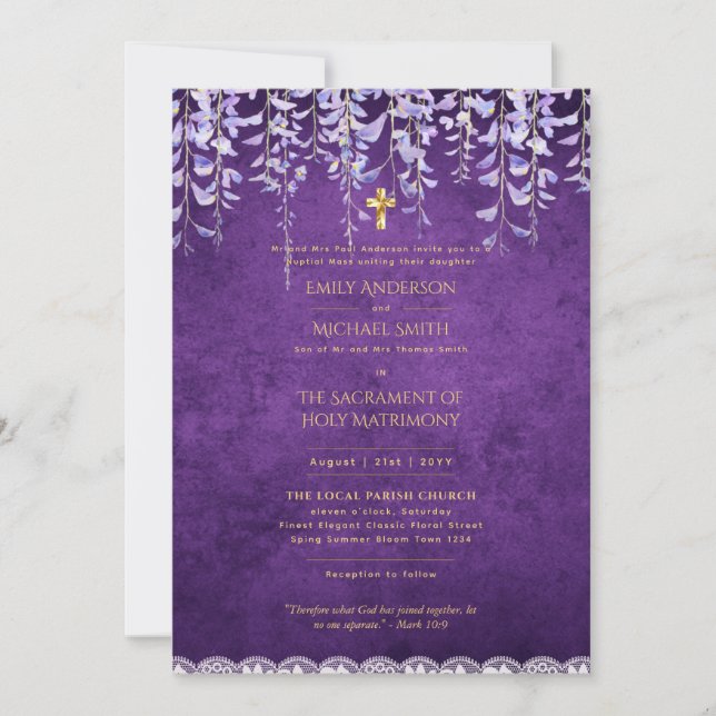 Catholic Wedding Nuptial Mass Purple Wisteria Invitation (Front)