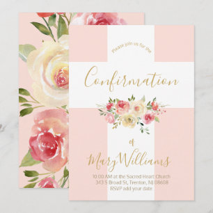 Catholic white cross and flowers Confirmation Invitation