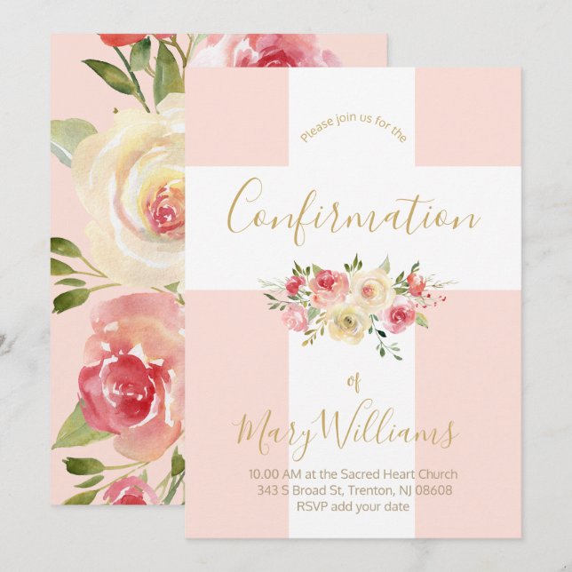 Catholic white cross and flowers Confirmation Invitation (Front/Back)
