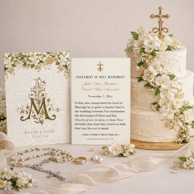 Catholic White Floral Gold Wedding Holy Card (Creator Uploaded)