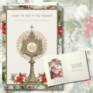 Catholic with Gold Monstrance Poinsettias Photo Holiday Card