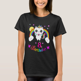 Caticorn 8th eight years Birthday Unicorn Cat Rain T-Shirt