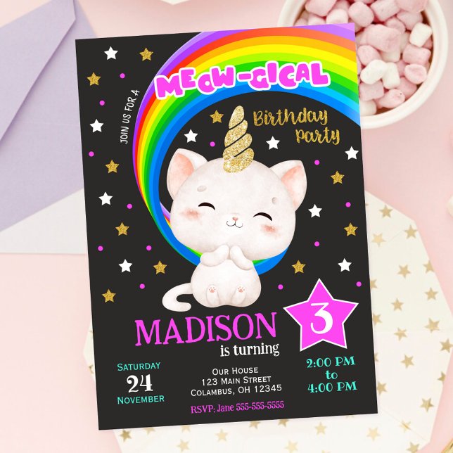 Caticorn Birthday Invitation, Cat Rainbow Invitation (Creator Uploaded)