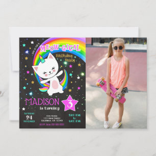 Caticorn Birthday Invitation, Cat Rainbow Photo Invitation