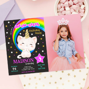 Caticorn Birthday Invitation, Cat Rainbow Photo Invitation