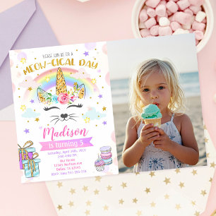 Caticorn Birthday Magical Unicorn Cat Photo Invitation