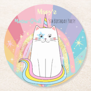 Caticorn Cat Meow-Gical Birthday Kid Round Paper Coaster