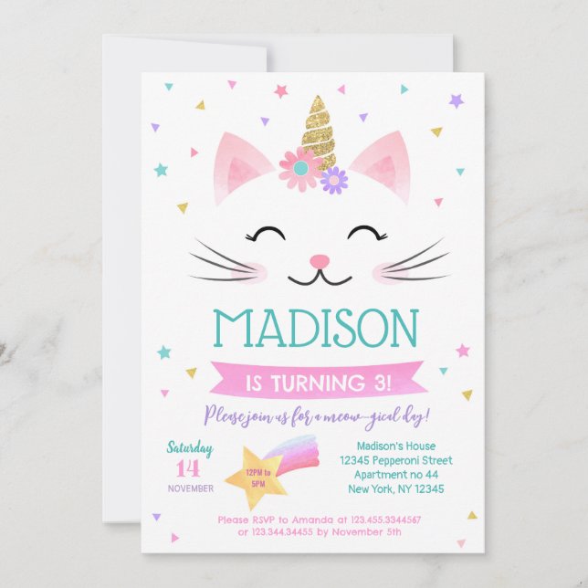 Caticorn Kitty Cat Kitten Birthday Invitations (Front)