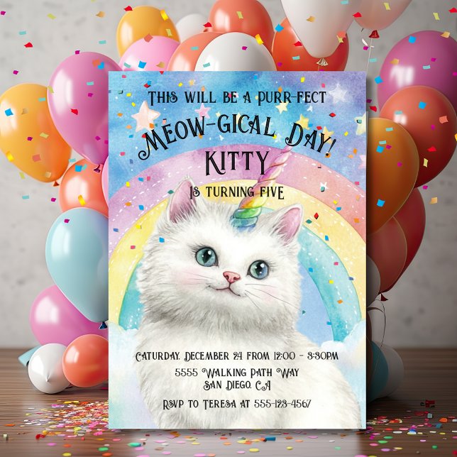 Caticorn Kittycorn Magical Cat birthday party Invitation (Creator Uploaded)