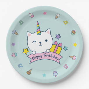 Caticorn Party   Paper Plate   Teal Blue
