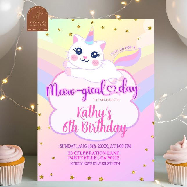 Caticorn Rainbow Girl Birthday Invitation (Creator Uploaded)