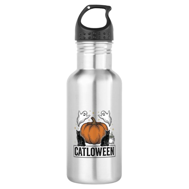 Catloween Black Cat Ghost Halloween Vector Design_ 532 Ml Water Bottle (Front)