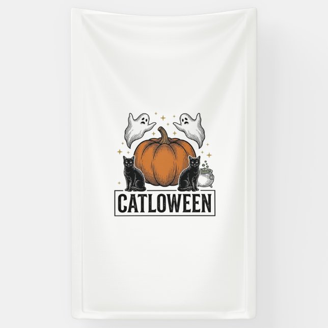 Catloween Black Cat Ghost Halloween Vector Design_ Banner (Vertical)